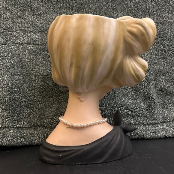 Large Lady Head Vase Napcoware w Pearls Planter Blk Dress c1950 - Picture 7 of 12
